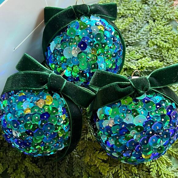 Sequin Ball Push Pin Christmas Ornaments Multicolor Blue Green Velvet Bow Set/3 - Picture 1 of 9